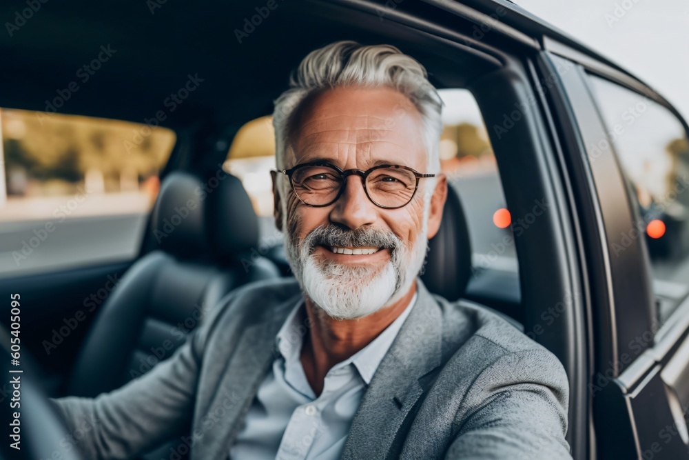 Smiling Grey-Haired Man Inside His Car, Generative AI Smiling Grey-Haired Man Inside His Car, Generative AI