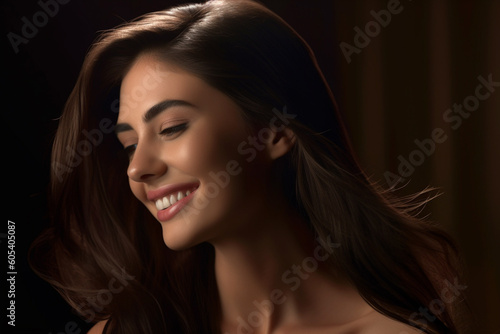 beautiful woman with dark brown hair in the style of smooth and polished with Generative AI