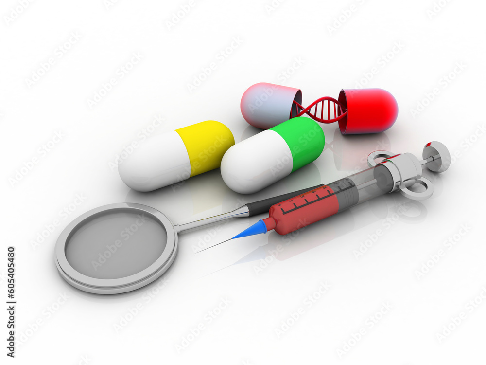 3d render of dna structure with capsule near Syringe 3d render of dna structure with capsule near Syringe