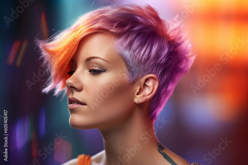 young woman with short color rainbow hair in violet and orange color with Generative AI