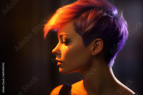 young woman with short color rainbow hair in violet and orange color with Generative AI