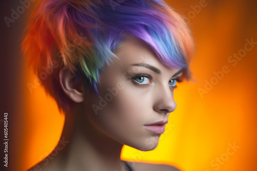 young woman with short color rainbow hair in violet and orange color with Generative AI
