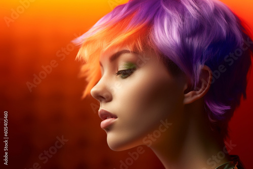 young woman with short color rainbow hair in violet and orange color with Generative AI © toonsteb