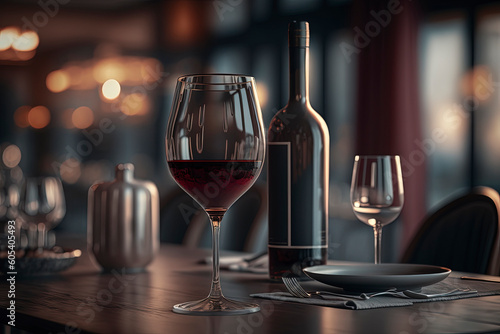Restaurant background with wine glass and wine bottle on table. Closeup view of glass of wine restaurant interior serving dinner. Glass of red wine on red silk against black background.