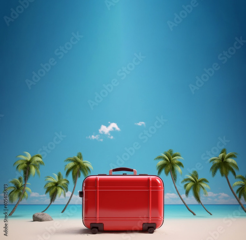 Sea beach summer travel destination simple concept illustration of red suitcase on tropical landscape  copy space on sky. Generative AI