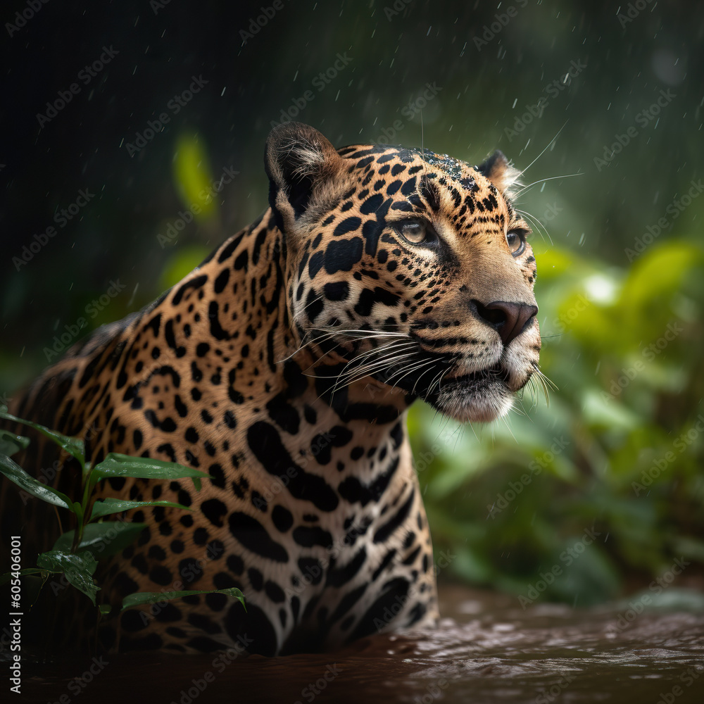 Fototapeta premium Male jaguar in the middle of the Amazonian jungle. Beautiful and endangered american jaguar in the nature habitat. View of wild jaguar in nature. Realistic 3D illustration. Generative AI