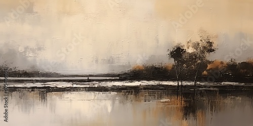 AI Generated. AI Generative. Illustration of oil drawing on canvas vintahe geometric illusion in minimal nature lake forest mountain style. Graphic Art
