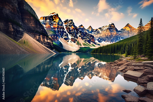 Amazing still reflections at Lake surrounded by mountains created with Generative AI