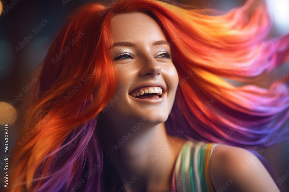 young woman with long hair in violet and orange color with Generative AI