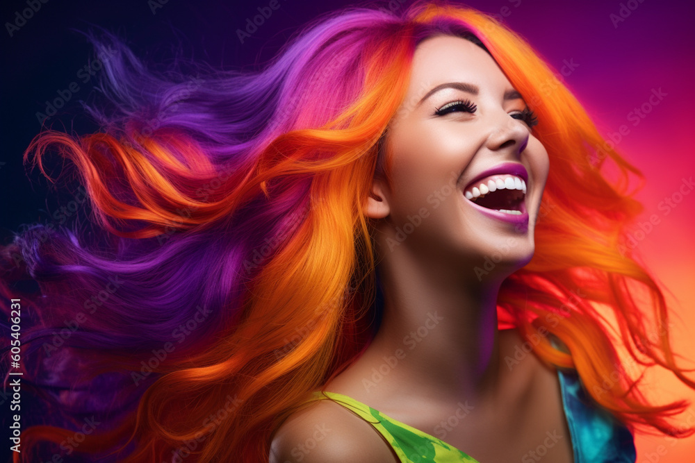 young woman with long hair in violet and orange color with Generative AI young woman with long hair in violet and orange color with Generative AI