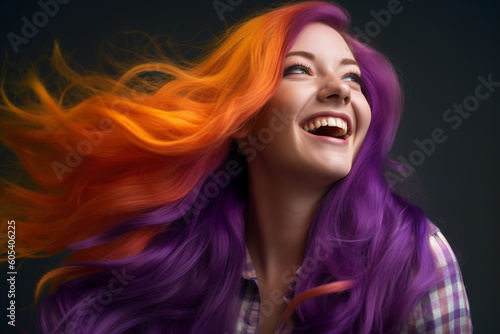 young woman with long hair in violet and orange color with Generative AI
