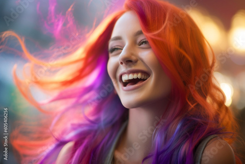 young woman with long hair in violet and orange color with Generative AI
