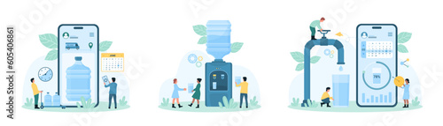 Drinking water delivery vector illustration. Cartoon tiny people with mobile phone plan to deliver portable plastic bottles, drink water from cooler with dispenser, turn faucet valve for hydration