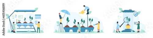 Economic growth, AI technology for stock market trades and financial analysis set vector illustration. Cartoon tiny people research finance infographic data charts with calculator, robots and drone