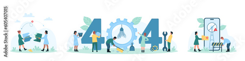 Maintenance support service vector illustration. Cartoon tiny people work with 404 error, web page or file not found, holding broken credit card, construction barrier when connection is not available