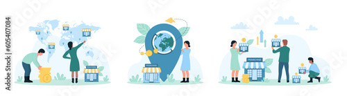 Franchise, global business expansion set vector illustration. Cartoon tiny people holding money and small stores, location pin with globe inside to expand company with new franchise enterprises