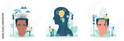 Mental health and self growth set vector illustration. Cartoon tiny people grow, water tree inside abstract human head, protect mindset of person from dark thoughts with umbrella, install light bulb