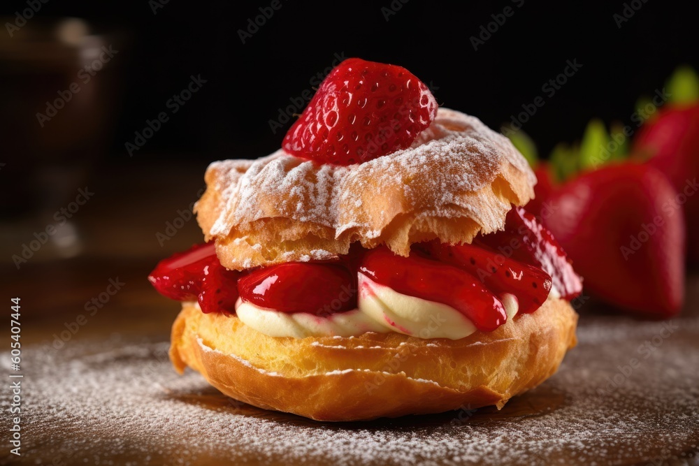 Choux pastry with topping slice strawberry is a dough made with butter water flour Food photography Choux pastry with topping slice strawberry is a dough made with butter water flour Food photography