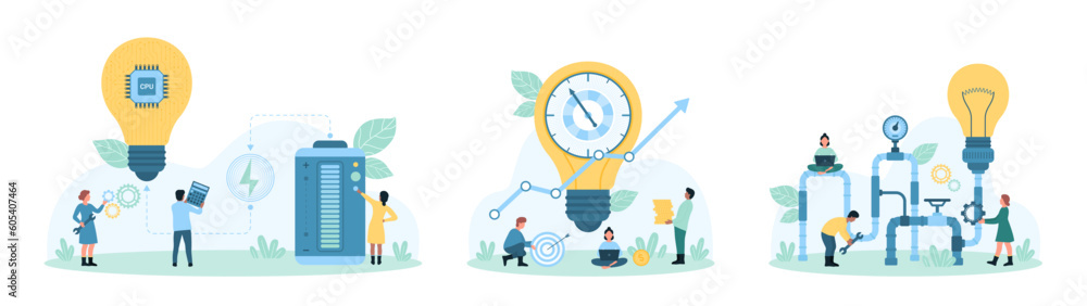 Idea generation and development process set vector illustration ...