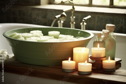 a white tub with candles and body lotions Generative AI