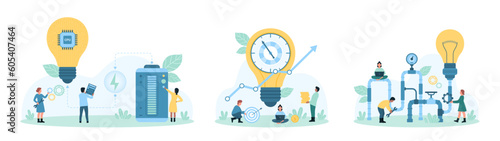 Idea generation and development process set vector illustration. Cartoon tiny people work with idea generator pipeline and recharge battery with light bulb, teamwork on creative finance startup