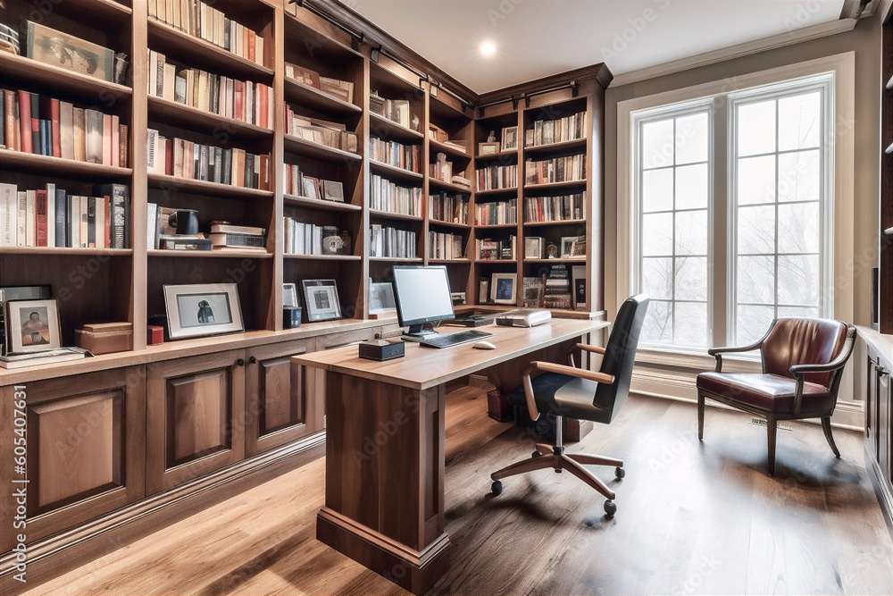 Home office with large desk, ergonomic chair, bookshelves. AI generated. Home office with large desk, ergonomic chair, bookshelves. AI generated.