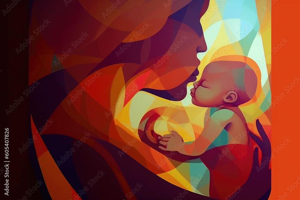 Woman hugging her baby, abstract, colorful. Generative AI
