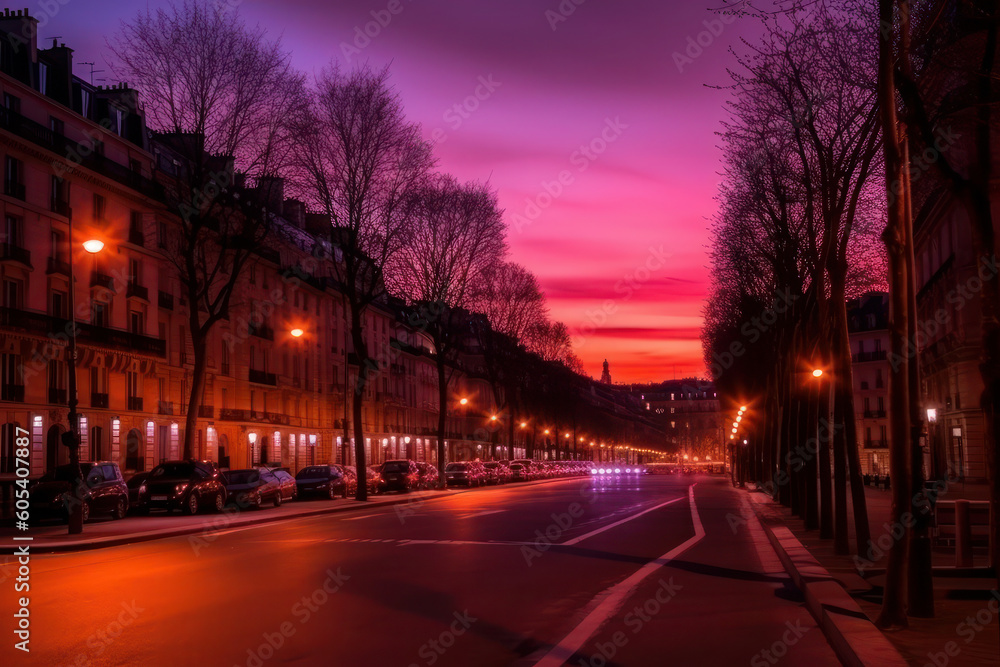 sunset on the streets. Tower on the pink sky of France. tender landscape. ai, ai generative