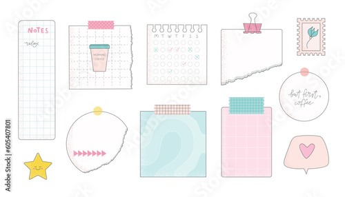 Paper notes, schedule, to-do list, planner, memories vector illustrations set. Cute memo template for stickers