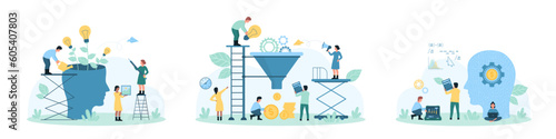 Process of growth and cooperation set vector illustration. Cartoon tiny people work on money generation and idea improvement with funnel and light bulb, water plants of knowledge in silhouette of head