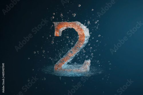 Number 2 made with a splash of water on a black background. symbol two, wet, clean and fresh. ai generative