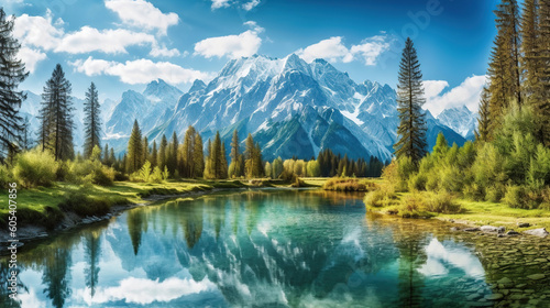Amazing still reflections at Lake surrounded by mountains created with Generative AI
