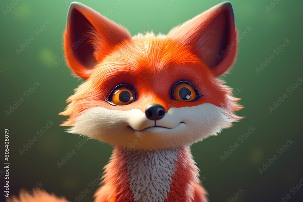 Super Adorable little red fox rendered by cartoon, sweet smile. Generative AI