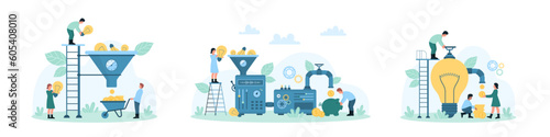 Implementation and monetization of ideas set vector illustration. Cartoon tiny people monetize idea by throwing light bulbs into funnel of money making equipment, saving golden coins in piggy bank