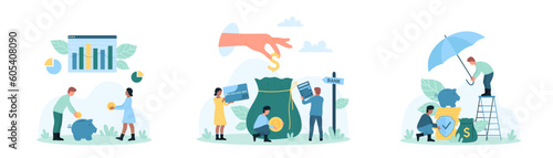 Financial savings set vector illustration. Cartoon tiny people save gold coins in piggy bank, protect wealth with umbrella and shield, hand giving cash money to bag, hold calculator and credit card