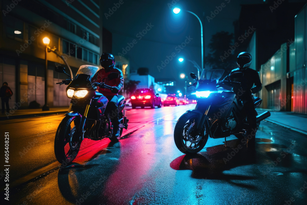 Two motorcycles street racing at night through a well-lit, colorful, city. Generative AI