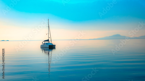 Datça beach, the sailboat waiting behind it, sunrise with orange and blue colors