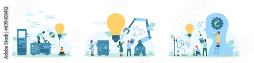 Technology innovation set vector illustration. Cartoon tiny people building bright light bulb with circuits inside using robotic arm, working with laboratory equipment and digital brain connection