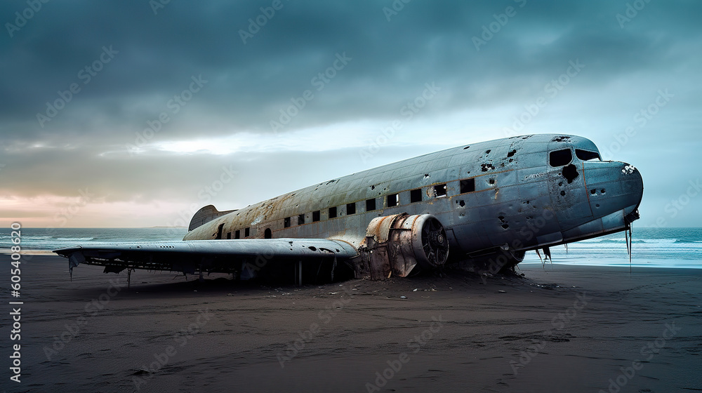 airplane wreck at sunset