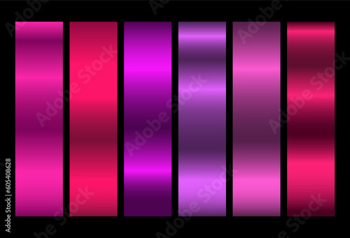 Pink metallic rose vector gradients, pink colorful palette and texture set. Iridescent Foil. Glitch Hologram. Pastel neon rainbow. Ultraviolet metallic paper.   Glossy pink background for ribbons.