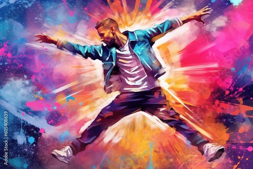 The background features vibrant painted hip hop dancers. (Generative AI)