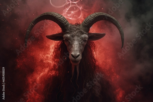 Goat with horns and red smoke on a dark background. Halloween. Baphomet demon goat god. Lucifer, belzebu. Devil with horns. Red fire and smoke in hell.
