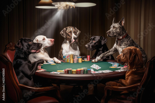 Different kinds of dogs playing poker at a round table. Generative AI