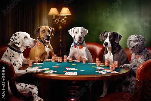 Different kinds of dogs playing poker at a round table. Generative AI © Andrii 