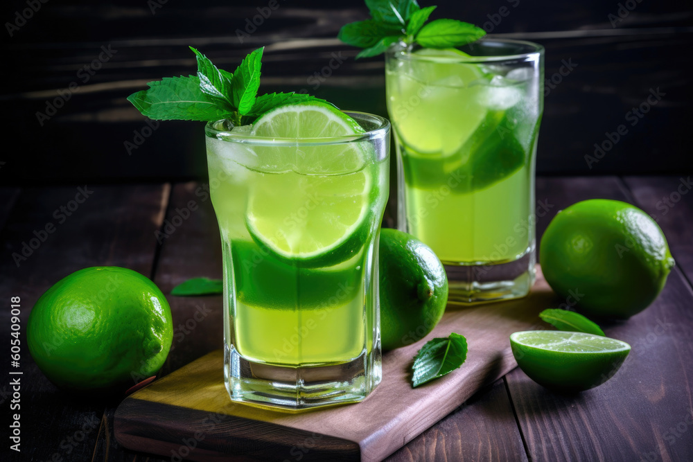 Cool lime drink in glasses. Generative AI Cool lime drink in glasses. Generative AI