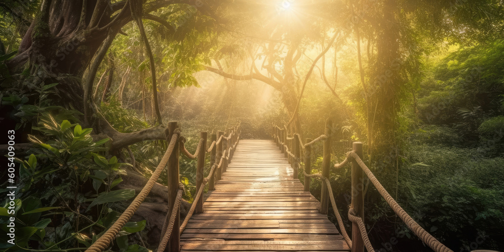 Fototapeta Wooden bridge in the jungle in the morning, Generative AI