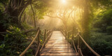 Wooden bridge in the jungle in the morning, Generative AI
