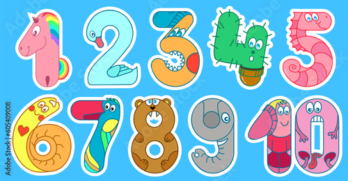 Funny numbers for kids from one to ten sticker set. 1, 2, 3, 4, 5, 6, 7, 8, 9, 10 numeral are unicorn, swan, head, cactus, seahorse, snail, parrot, bear, elephant, kids. Sketch vector illustration