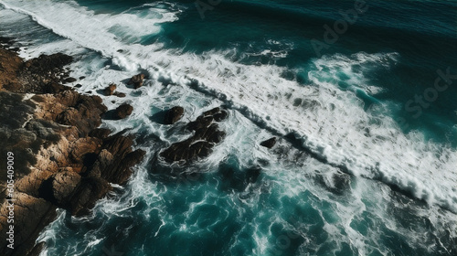 Aerial view of ocean coast with waves roll onto cliffs. AI generated.
