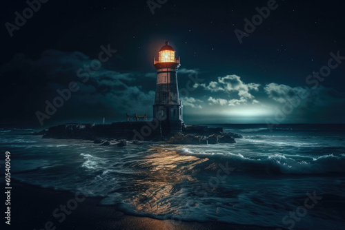 Lighthouse at night. Generative AI